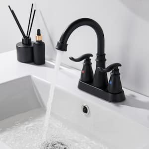 4 in. Centerset Double Handle Deck Mounted Bathroom Faucet with Drain Kit Included in Matte Black