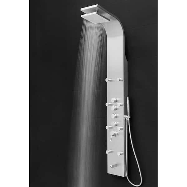 65 in. 8-Jet Shower Panel System in Stainless Steel with Adjustable Rainfall Shower Head, Handshower Wand and Tub Spout 65 in. 8-Jet Shower Panel System in Stainless Steel with Adjustable Rainfall Shower Head, Handshower Wand and Tub Spout