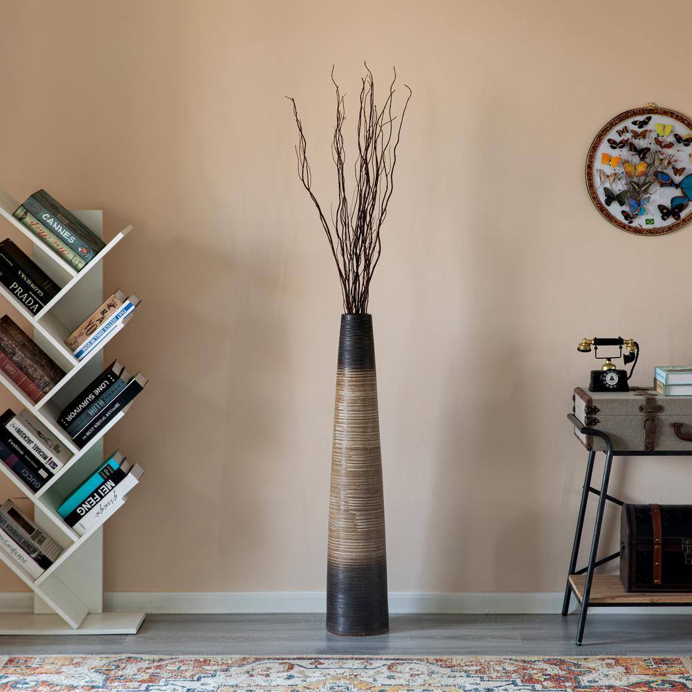 31-Inch Tall Handcrafted Brown Ceramic Cylinder Floor Vase