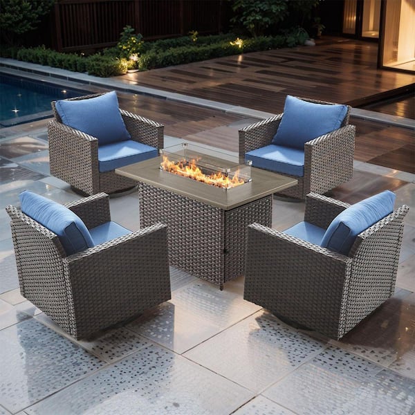 UvaNest 5-Piece Brown Wicker Patio Fire Pit Conversation Set with Blue Cushions and Outdoor Swivel Rocking Chair