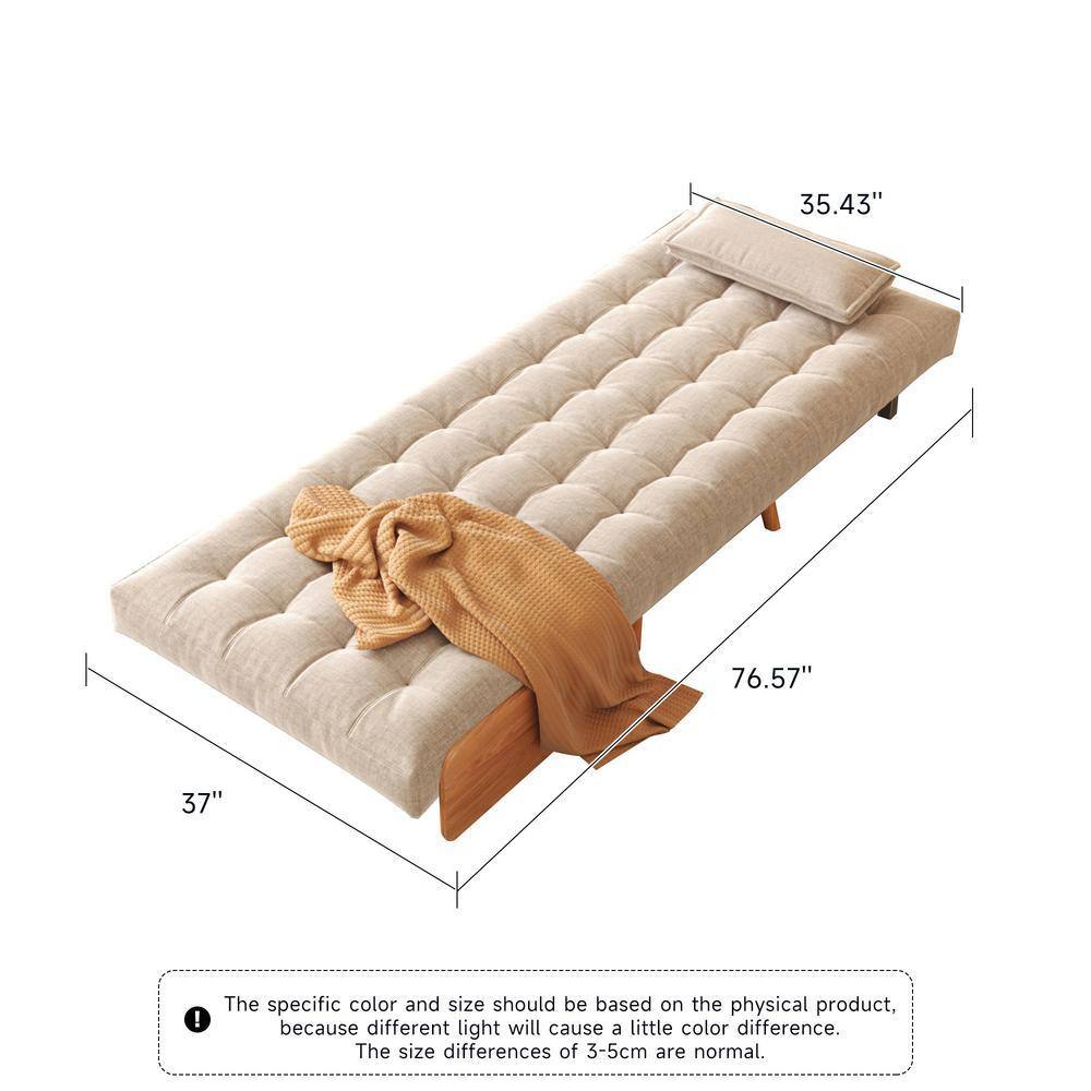 Measurement diagram of the beige linen sofa bed fully extended.