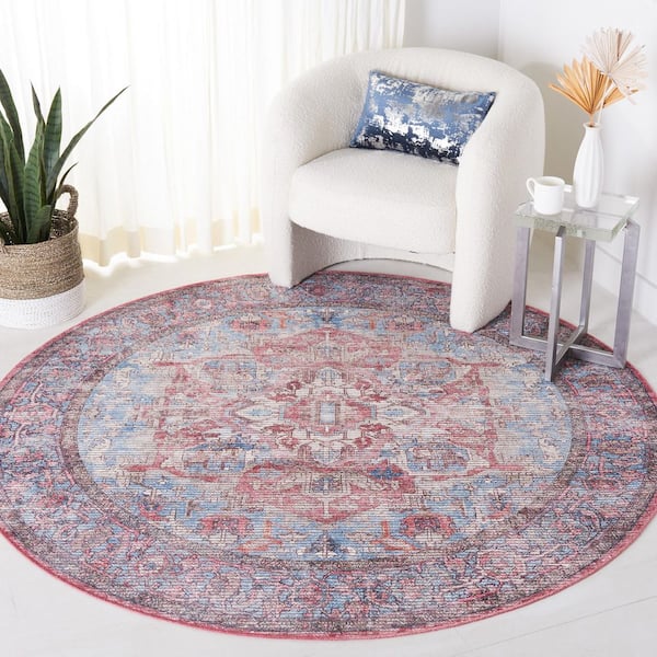 Serapi Blue/Rust 7 ft. x 7 ft. Machine Washable Border Ornate Round Area Rug