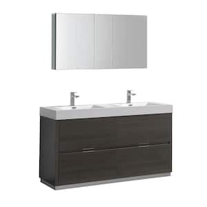 Valencia 60 in. W Vanity in Gray Oak with Acrylic Double Vanity Top in White with White Basin and Medicine Cabinet