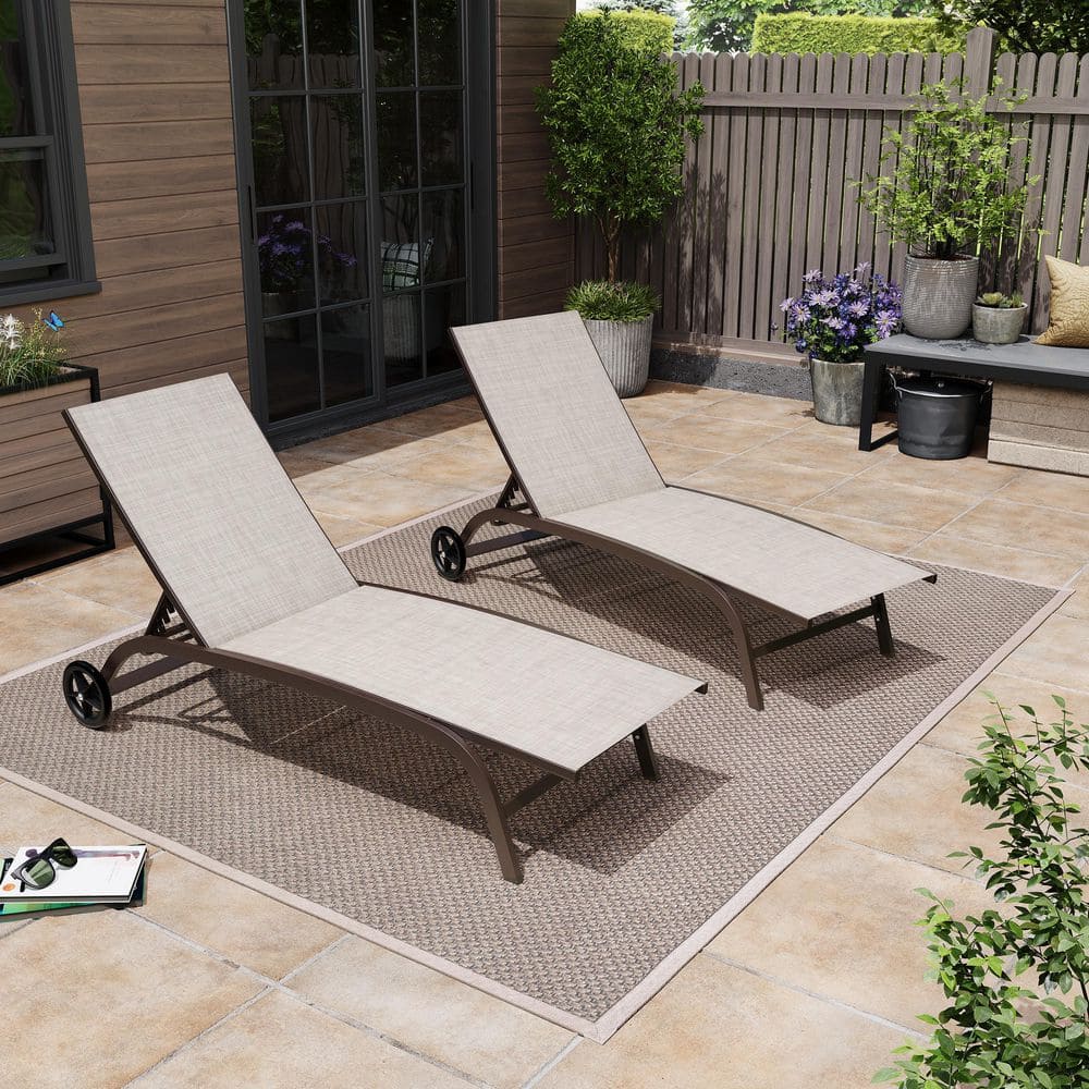 Full Flat 2-Piece Aluminum Adjustable Outdoor Chaise Lounge in Beige with Wheels price history on PriceWatchPro