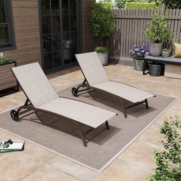 Full Flat 2-Piece Aluminum Adjustable Outdoor Chaise Lounge in Beige with Wheels