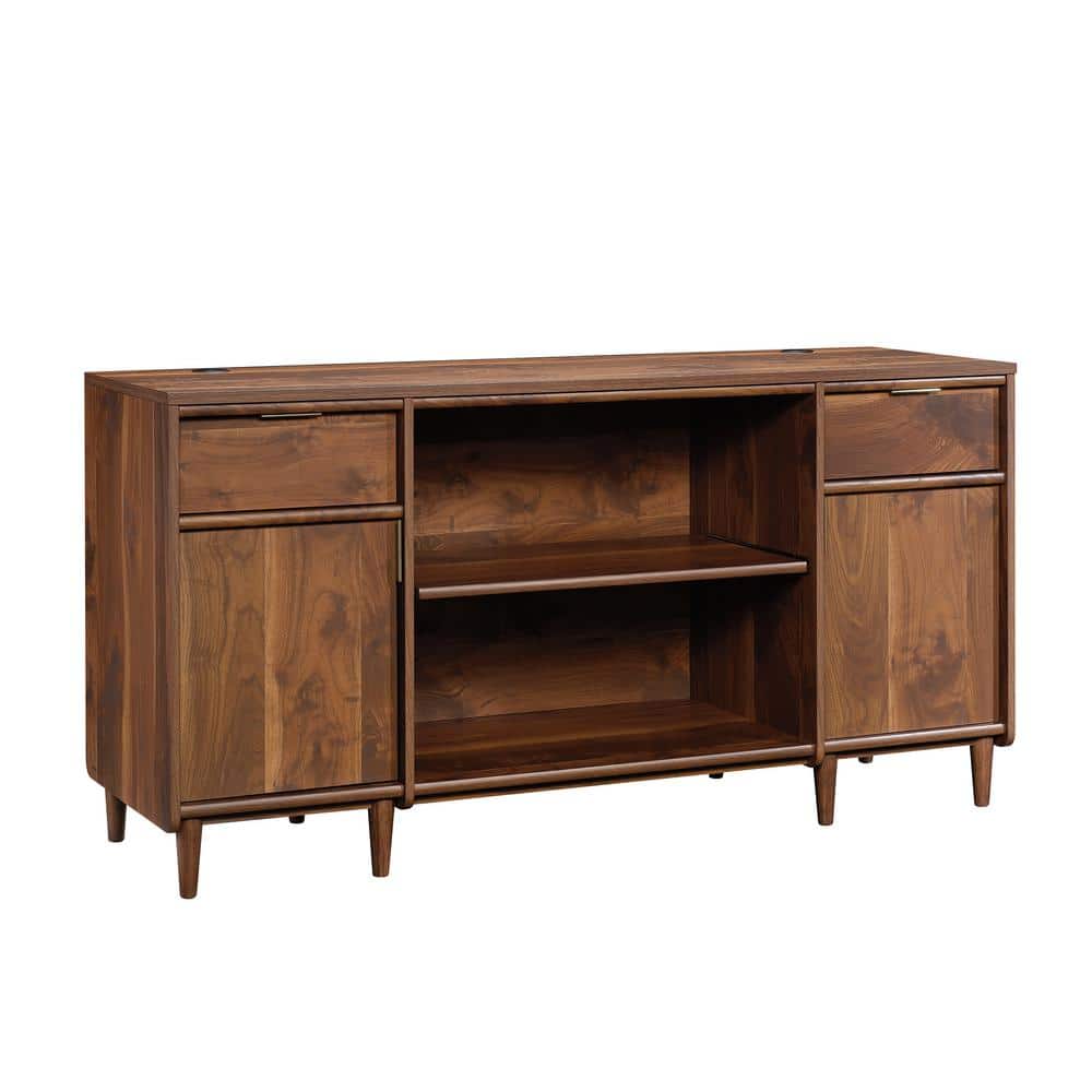 Grand Walnut Mid-Century 59'' Storage Credenza with Brass Accents