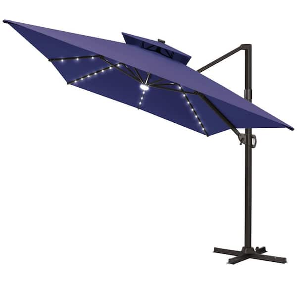 Double Top 13 ft. x 10 ft. Rectangular Heavy-Duty 360° Rotation Solar LED Lighted Cantilever Patio Umbrella in Navy
