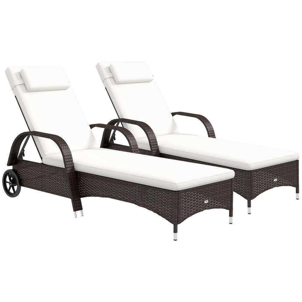 2-Piece Metal, Rattan Rolling Outdoor Chaise Lounge with Cream White Cushio