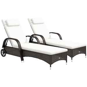 2-Piece Metal, Rattan Rolling Outdoor Chaise Lounge with Cream White Cushions
