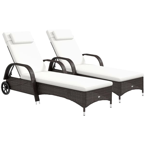 Outsunny 2-Piece Metal, Rattan Rolling Outdoor Chaise Lounge with Cream White Cushions