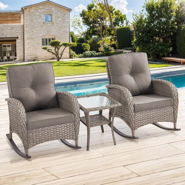 3-Piece Gray Wicker Patio Conversation Set with Gray Cushions and Coffee Table All-Weather Rocking Chairs