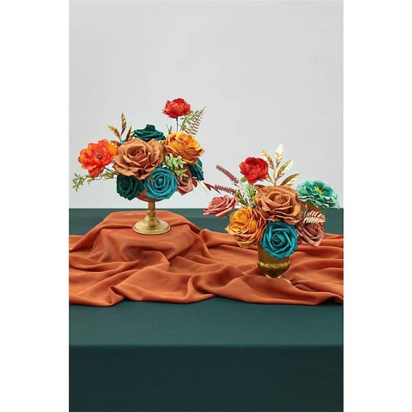 5 in. H Burnt Orange and Teal Artificial Silk Mixed Flowers for
