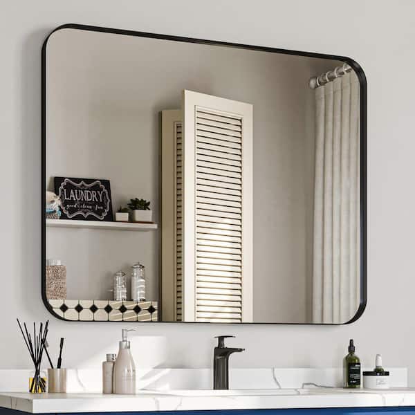40 in. W x 32 in. H Rectangular Aluminum Framed Wall Bathroom Vanity Mirror in Black