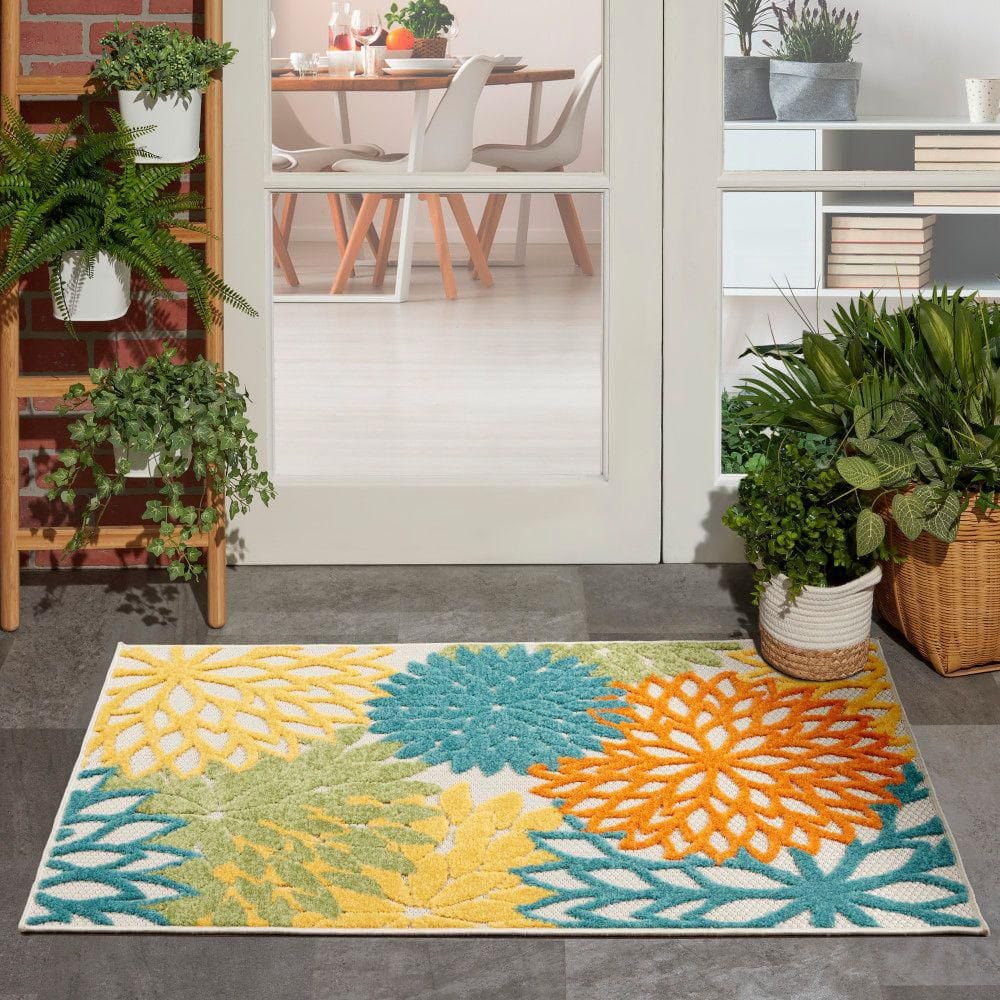 Tropical Aloha Bloom Turquoise Multicolor Floral Outdoor Rug