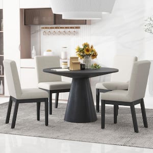Modern Stylish 5-Piece Black Round Wood Dining Table Set with 4-Upholstered Chairs