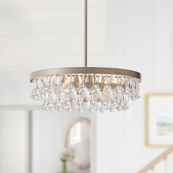 Adela 18 inches in Diameter Brushed Champagne Silver 4-light Crystal Teardrop Round Chandelier