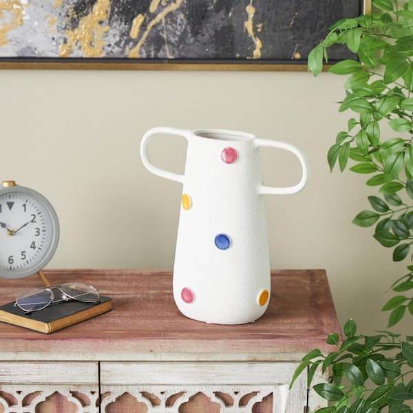 Litton Lane 11 in. White Round Ceramic Decorative Vase with Multicolor Spots and Handles