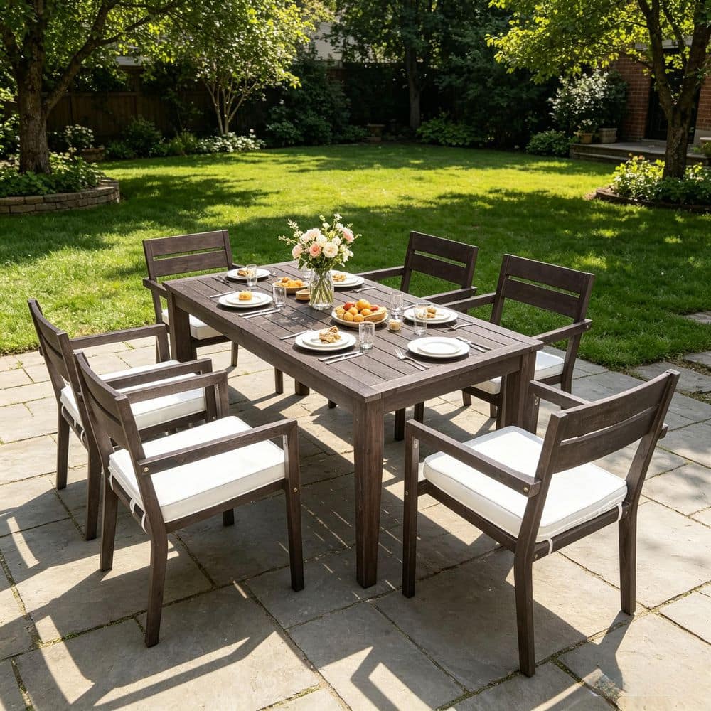 Gray 7-Piece Acacia Wood Outdoor Dining Set with Beige Cushion for