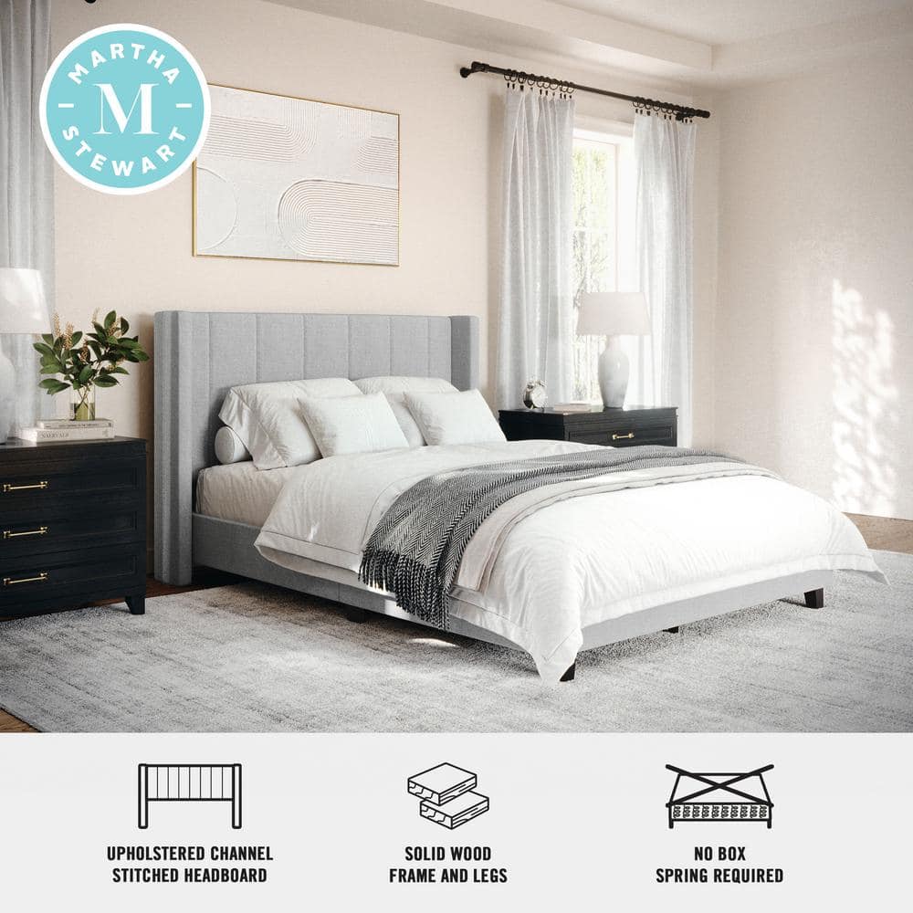 Gray Full Upholstered Platform Bed with Linen Headboard
