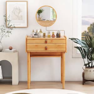 Natural Makeup Vanity Table with Adjustable Mirror Bamboo Dressing Table 2 Drawers