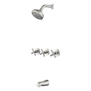 Triple Handle 10-Spray Tub and Shower Faucet 1.8 GPM Wall Mounted Shower System Brass in Brushed Nickel Valve Included
