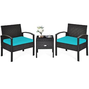 3-Piece Black Wicker Outdoor Bistro Set with Blue Cushions