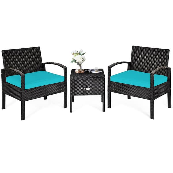 SUNRINX 3-Piece Black Wicker Outdoor Bistro Set with Blue Cushions
