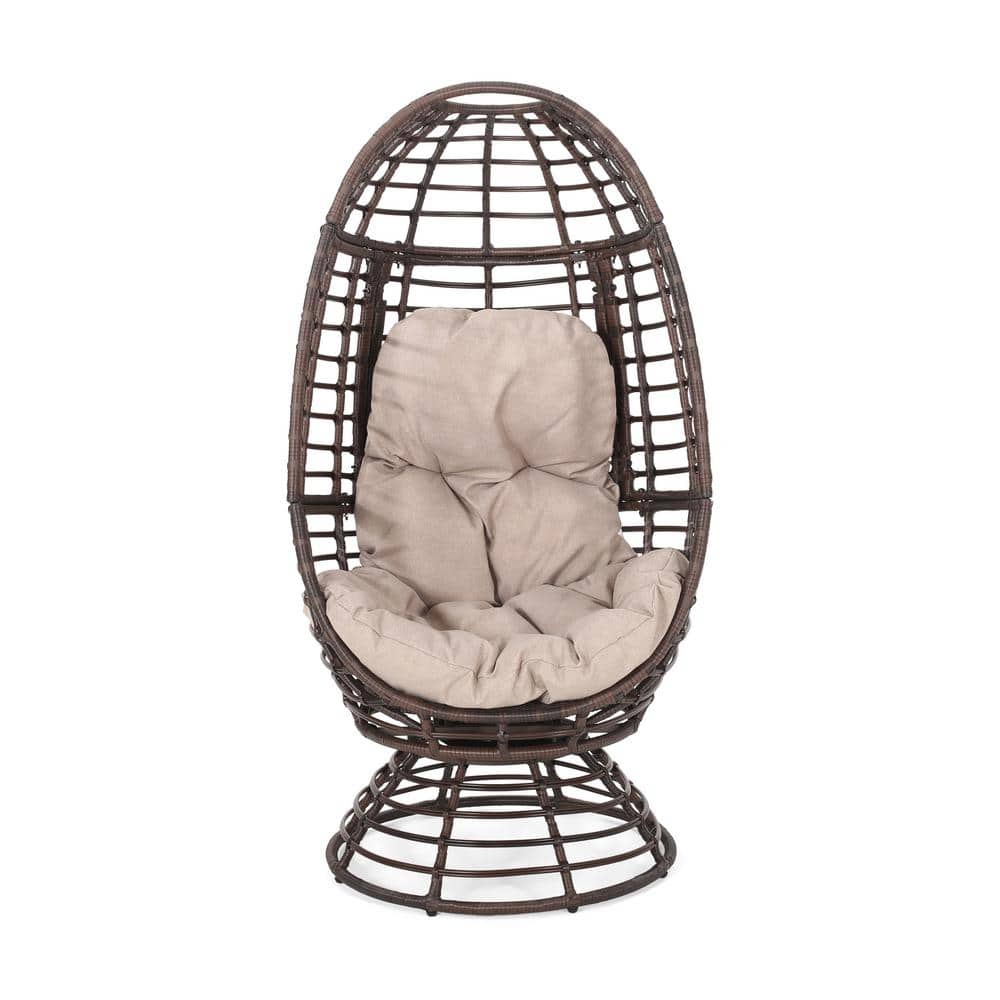 Dark Brown Faux Rattan Wicker Iron Patio Outdoor Swing Chairs with Beige Cu