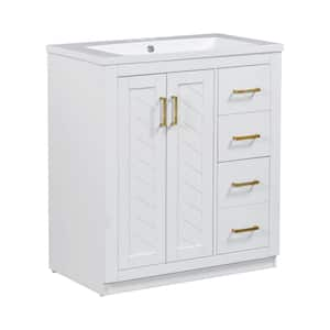 30.00 in. W x 18 in. D x 34.00 in. H Freestanding Bath Vanity in White with White Ceramic Top, 3 Drawers and Doors