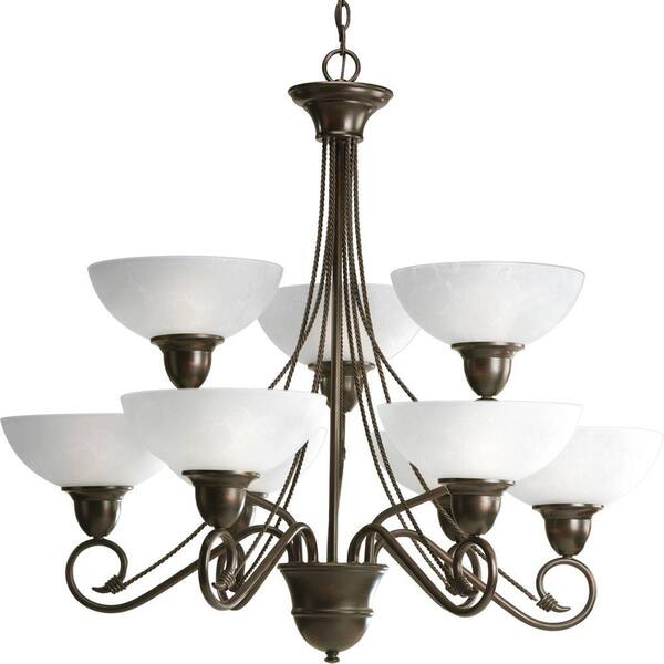 Progress Lighting Pavilion Collection 9-Light Antique Bronze Chandelier with Etched Watermark Glass Shade