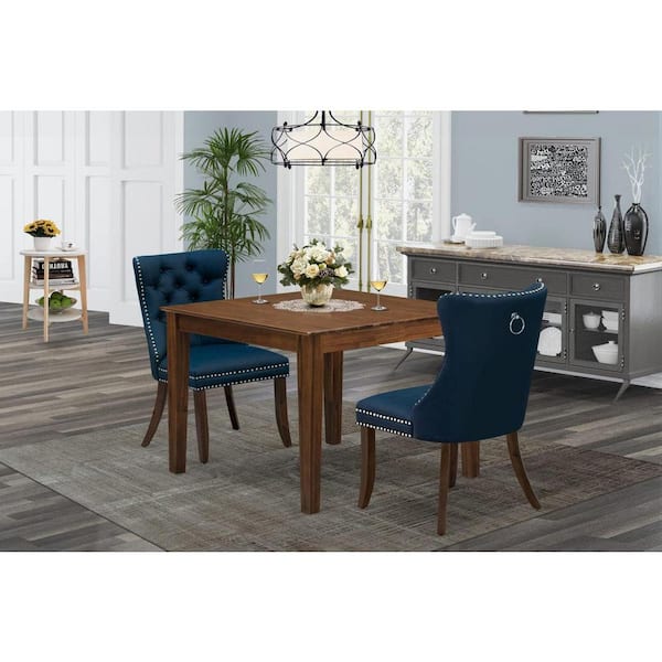 East West Furniture 3-Piece Antique Walnut Finish Square Solid Wood Top Dining Table Set for Small Spaces