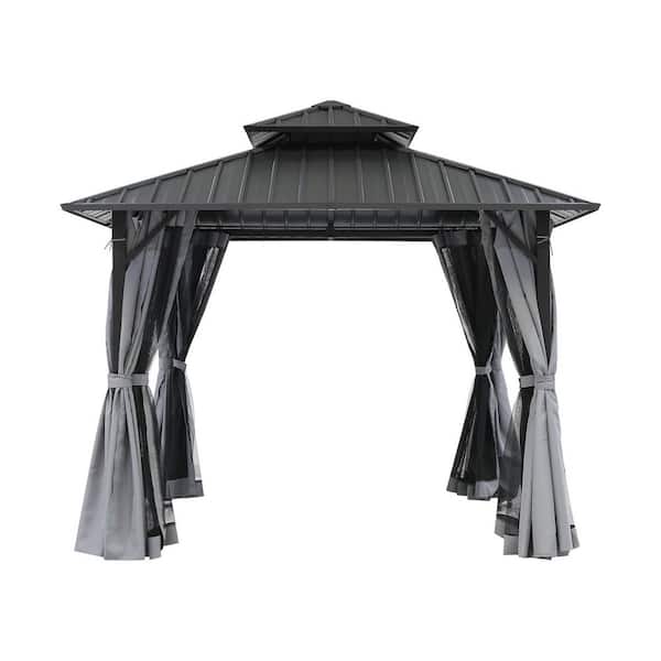 Gray 10 ft. x 10 ft. Aluminum Patio Hardtop Gazebo Canopy with Netting, Curtains, Double Steel Roofs for Backyard Deck