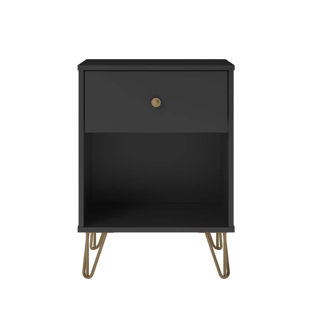 Black and Gold Mid-Century Modern Nightstand with Drawer
