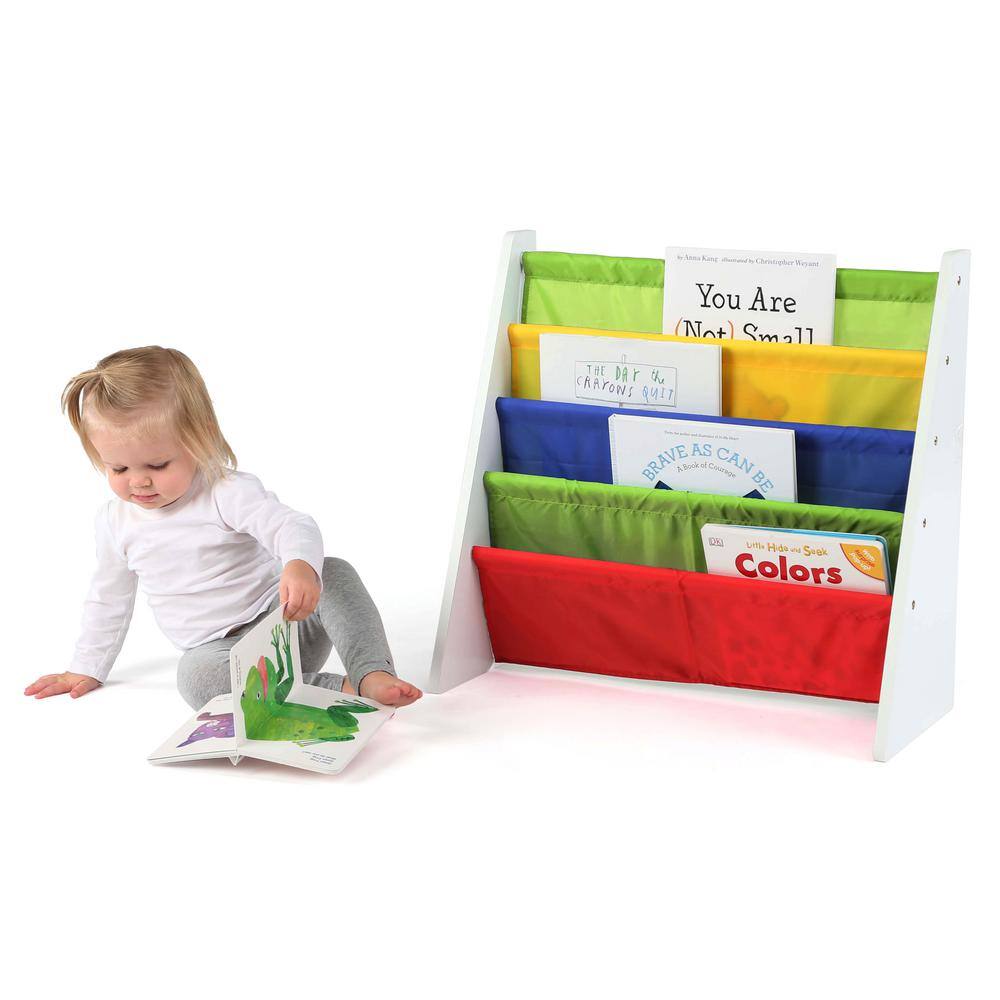 White and Primary Fabric Sling Kids Book Rack