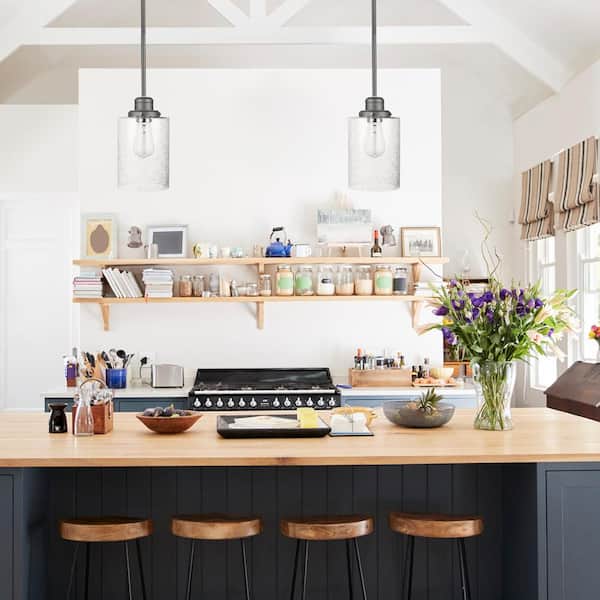 Annecy 1-Light Graphite Pendant with Seeded Glass Shade, Vintage Incandescent Bulb Included
