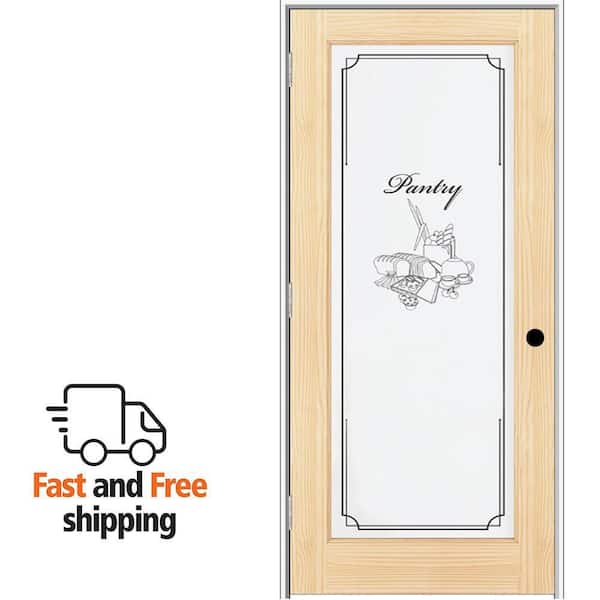 30 in. x 80 in. Right Hand Unfinished Pine Full-Lite Frost Pantry Design Single Prehung Interior Door