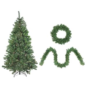 6.5 ft. Green Prelit Wolcott Spruce Artificial Christmas Tree, Wreath and Garland Set with 350 Clear Lights