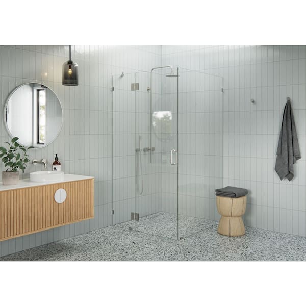 Glass Warehouse 39 in. W x 41 in. D x 78 in. H Pivot Frameless Corner Shower Enclosure in Brushed Nickel Finish with Clear Glass