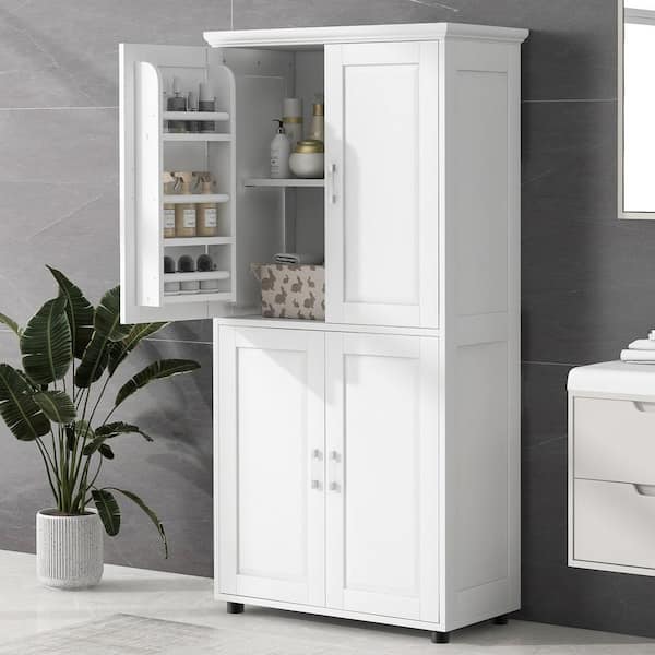 31.29 in. W x 15.64 in. D x 62.28 in. H White MDF Freestanding Linen Cabinet with Adjustable Shelves in White