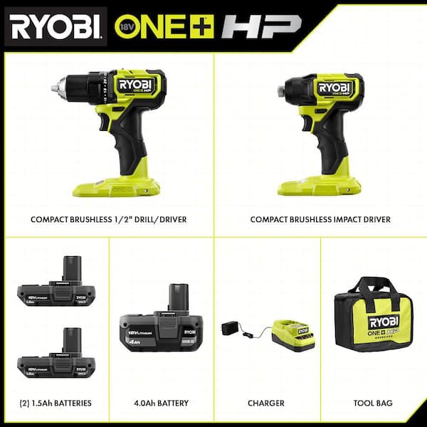 RYOBI ONE+ 18V Brushless Cordless Compact Drill & Impact Driver Kit Ah Battery, (2) 1.5 Ah Batteries, Charger & Bag PSBCK01K-PBP005 - The Home Depot