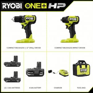 ONE+ HP 18V Brushless Cordless Compact Drill & Impact Driver Kit w/4.0 Ah Battery, (2) 1.5 Ah Batteries, Charger & Bag