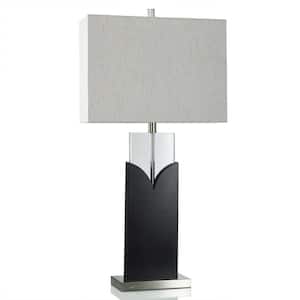 33.25 in. Black, Brushed Steel, Clear Task and Reading Table Lamp for Living Room with Beige Linen Shade