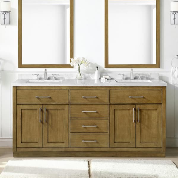 OVE Decors Athea 72 in. W x 22 in. D x 34 in. H Double Sink Bath Vanity in Almond Latte with White Engineered Marble Top and Outlet