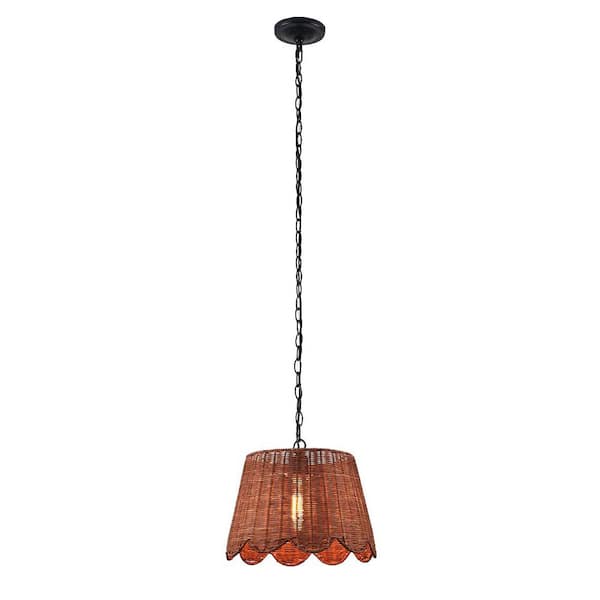 60-Watt 1-Light Painted Black Shaded Pendant Light with Dark Brown Rattan Shade