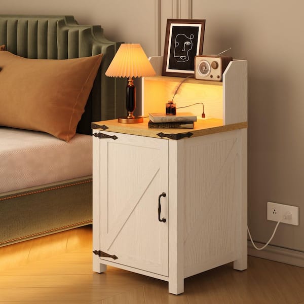 Antique White Side Table, Nightstand with Charging Station, Barn Door Design, Adjustable Shelf, for Bedroom
