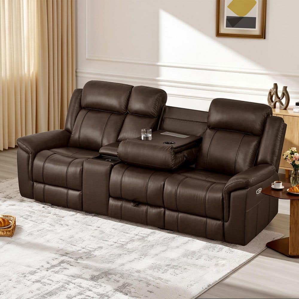 Spruce & Spring Philip 102.36 in. Rolled Arm 3-Piece Genuine Leather ...