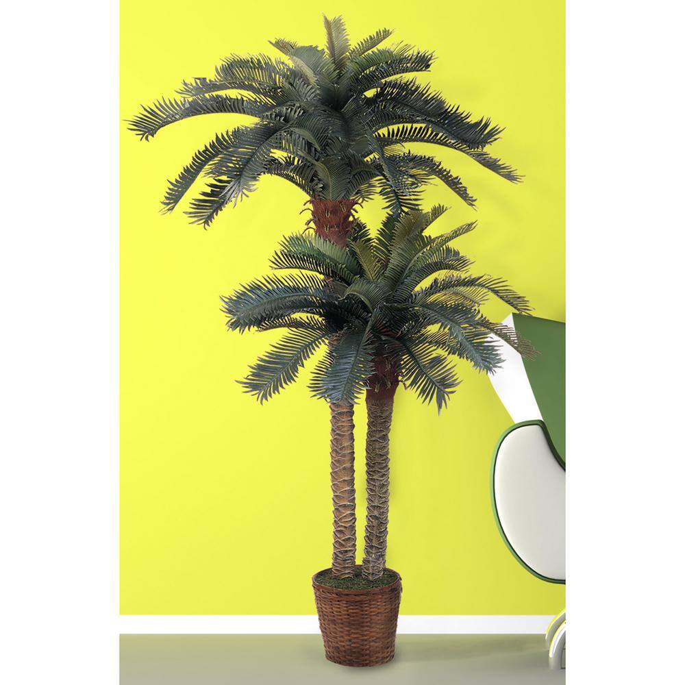 Double Potted Green Silk Palm Tree with Wicker Basket