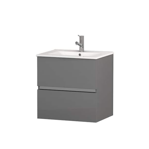 Eviva Ikaro 24 in. W x 18 in. D x 24 in. H Bathroom Vanity in Gray with Ceramic Top in White with White Sink