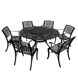 Black 7-Piece Aluminum Outdoor Dining Set with Lazy Susan and 6-Chairs