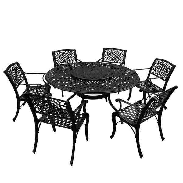 Oakland Living Black 7-Piece Aluminum Outdoor Dining Set with Lazy Susan and 6-Chairs